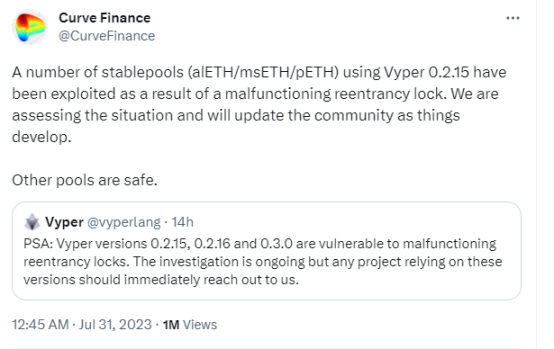 多个项目被黑，因Vyper重入锁漏洞造成的损失已超5900w美元，你的资金还安全吗？