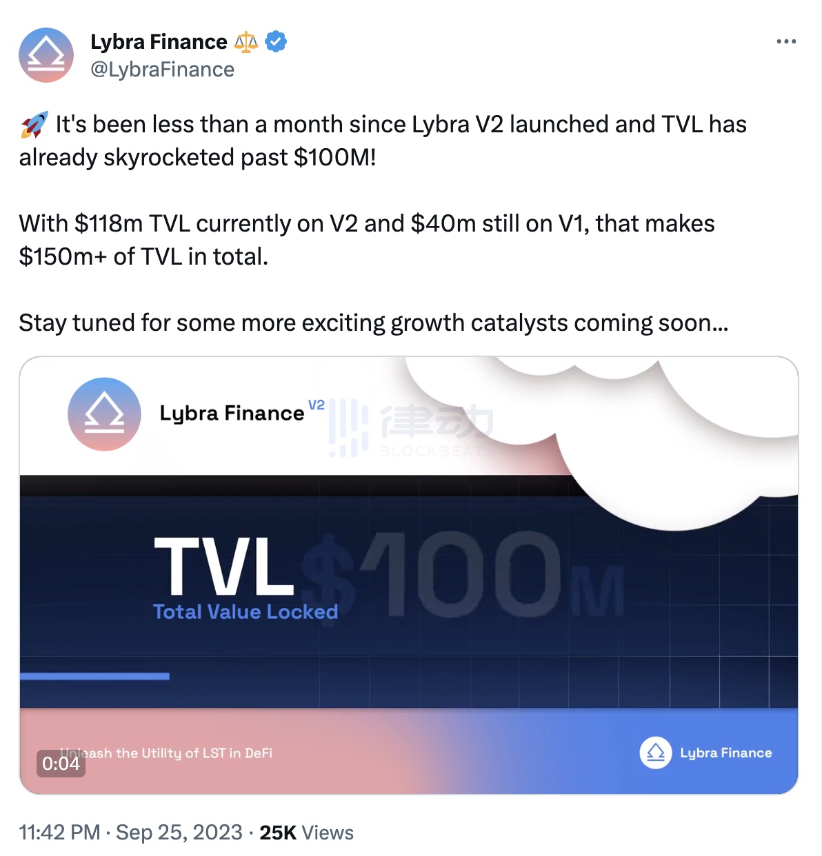 Lybra V2上线一月TVL破1亿美元，LBR价格却跌去50%