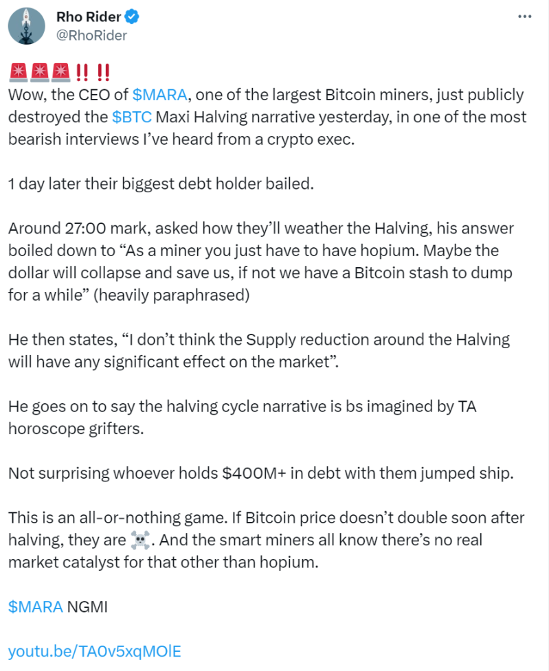 Marathon Digital Holdings CEO：比特币减半叙事是幻想，但比特币是最好的Layer 1