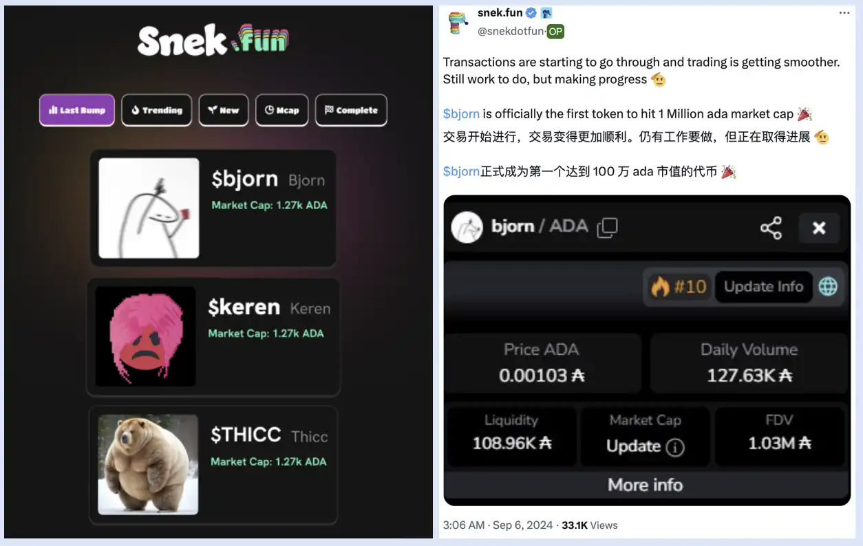 最差Pump.fun竞品,Cardano meme发射平台Snek.fun是赛道冥灯吗?
